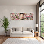 Frau Mit Blumen Hintergrund Und Rosa Auto Kunst Illustration
