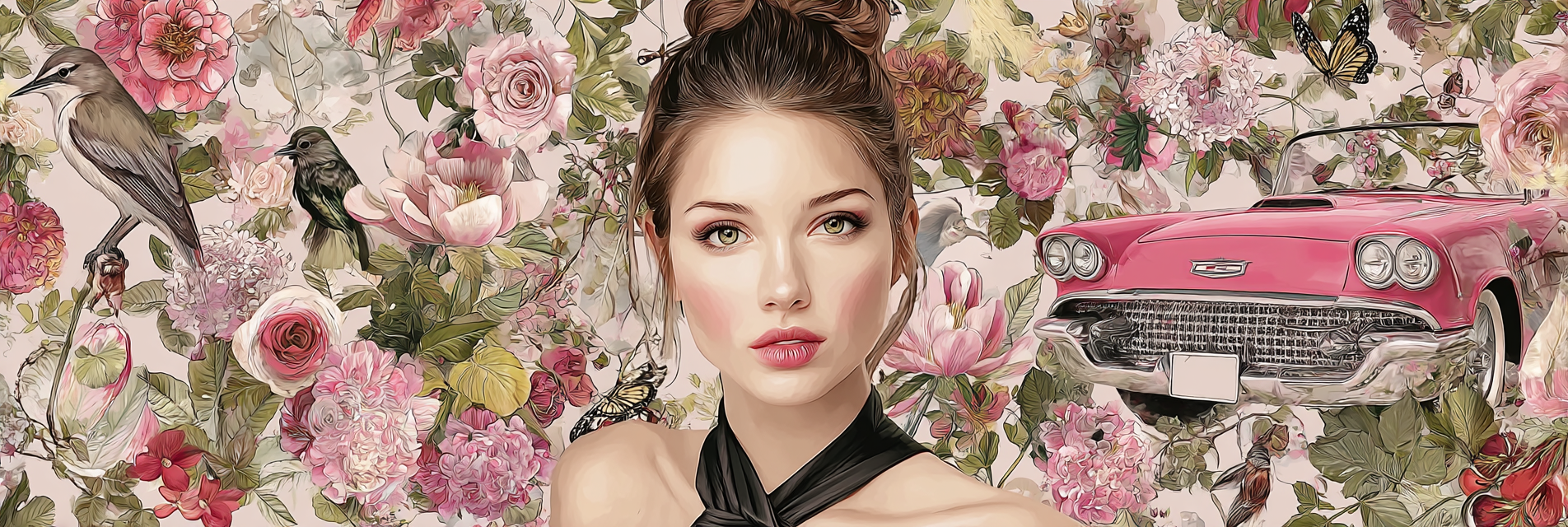 Frau Mit Blumen Hintergrund Und Rosa Auto Kunst Illustration | Digital Art | Kunstgattungen