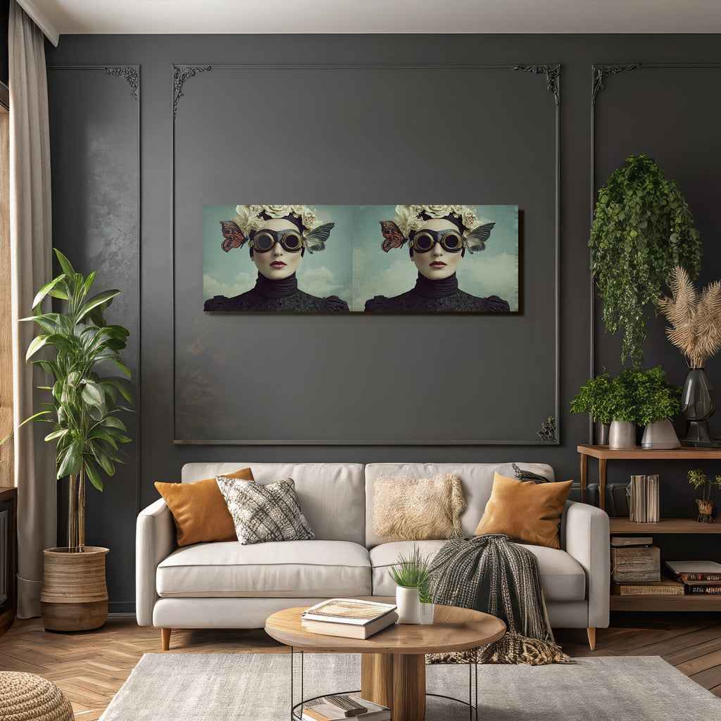 Frau Mit Blumen Und Goggles Kunstvolle Portrait Surreal Dramatisch