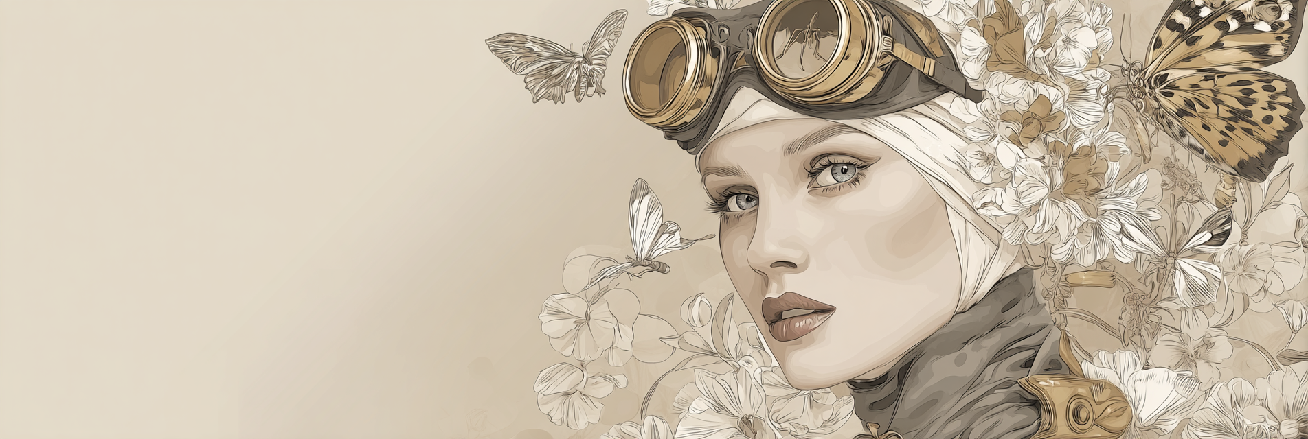 Frau Mit Goggles Umgeben Von Blumen Und Schmetterlingen | Digital Art | Kunstgattungen