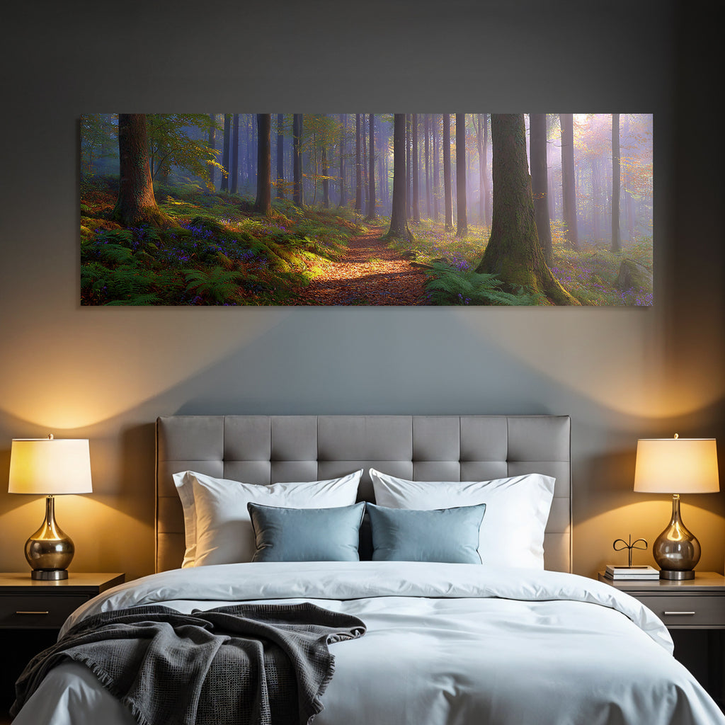 Peaceful forest with trees and plants in the morning fog