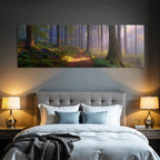 Peaceful forest with trees and plants in the morning fog