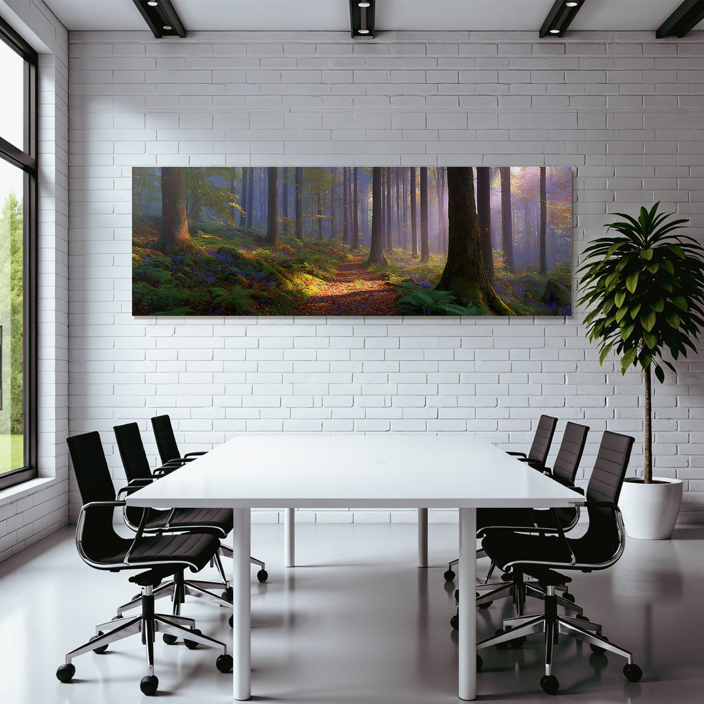 Peaceful forest with trees and plants in the morning fog