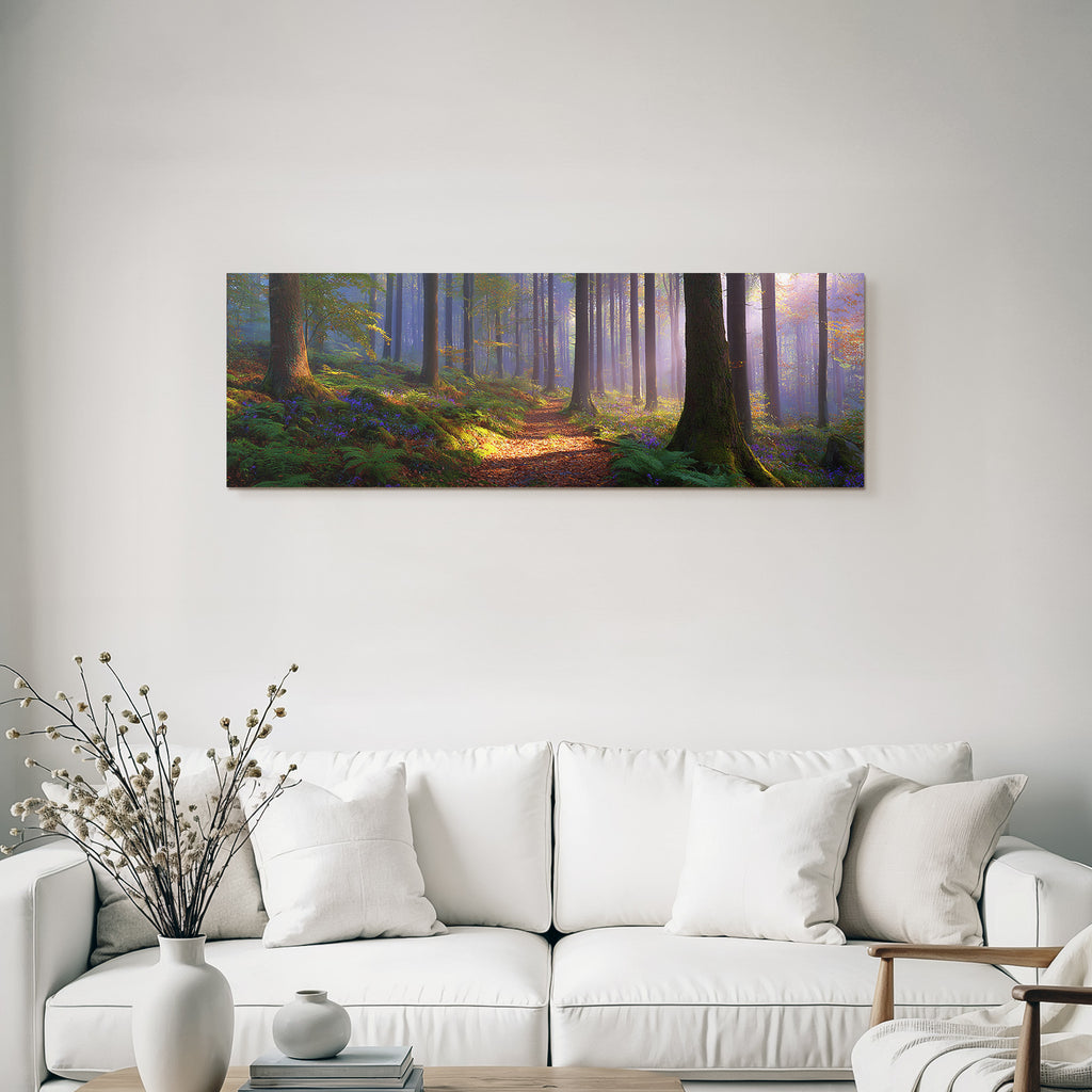 Peaceful forest with trees and plants in the morning fog