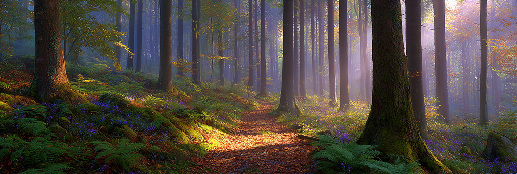 Friedlicher Wald Mit Baeumen Und Pflanzen Morgens Nebel | Digital Art | Kunstgattungen