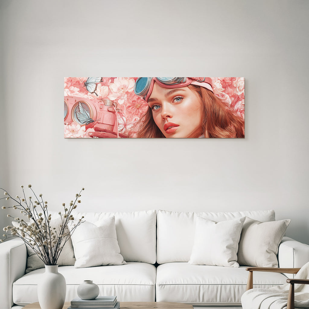Junge Frau Mit Blauen Augen Pink Goggles Blumen Und Butterflies Vintage Kamera