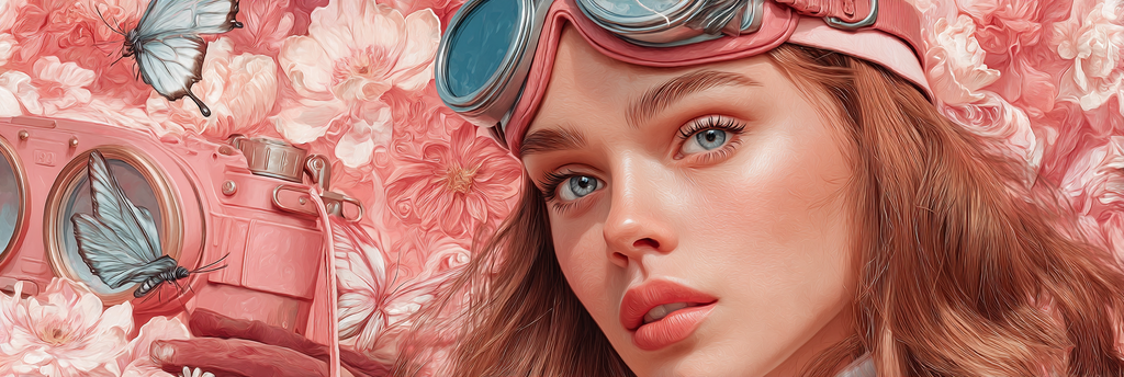 Junge Frau Mit Blauen Augen Pink Goggles Blumen Und Butterflies Vintage Kamera | Digital Art | Kunstgattungen