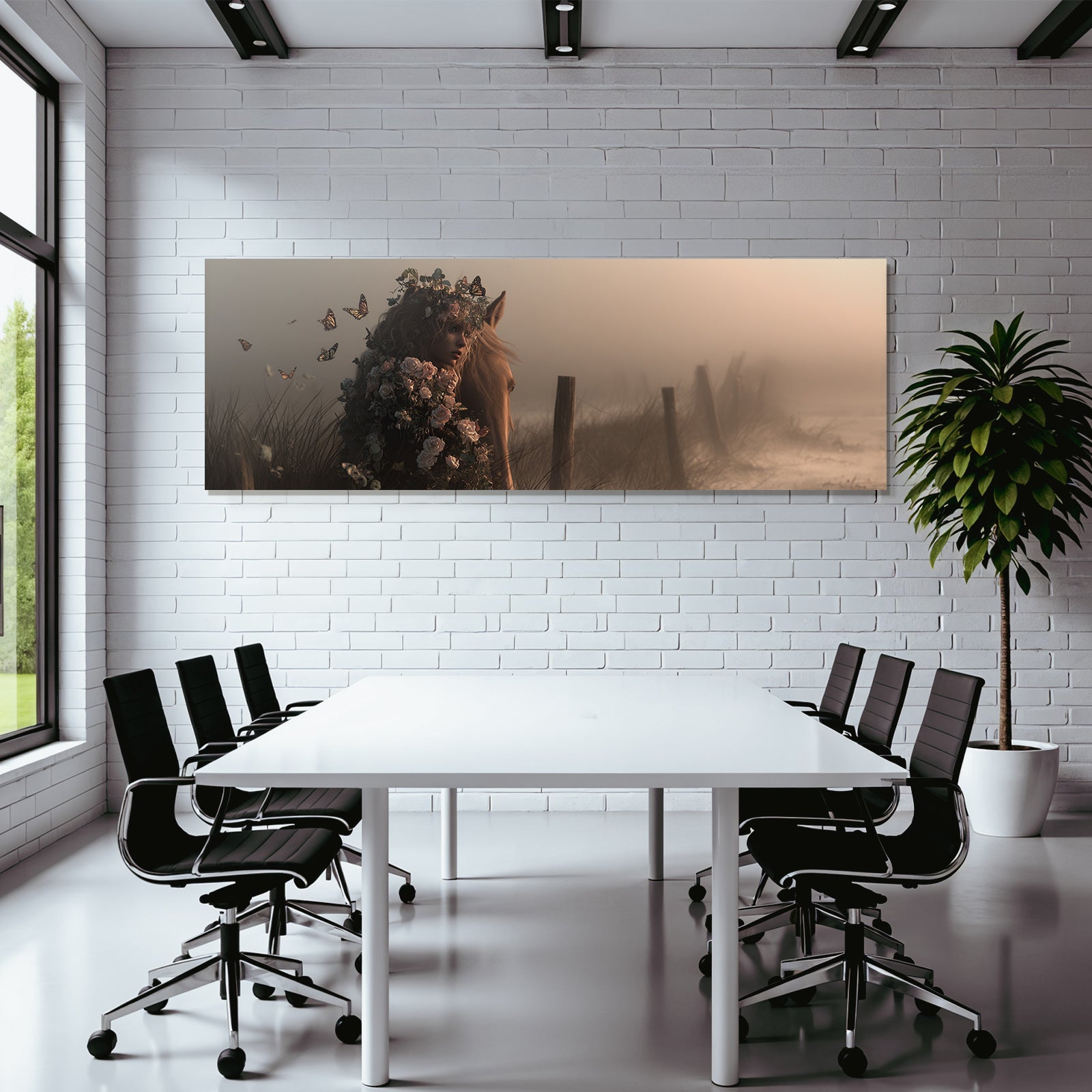 Junge Frau Mit Blumen Und Weiss Pferd Im Nebelhafte Landschaft