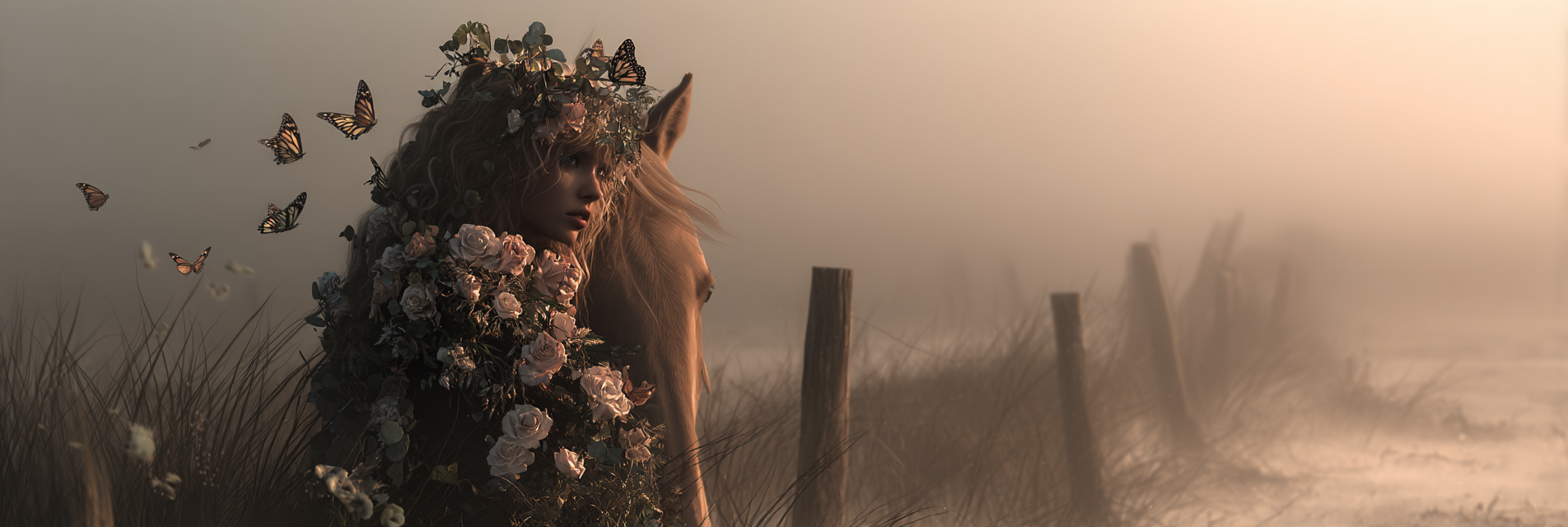 Junge Frau Mit Blumen Und Weiss Pferd Im Nebelhafte Landschaft | Digital Art | Kunstgattungen