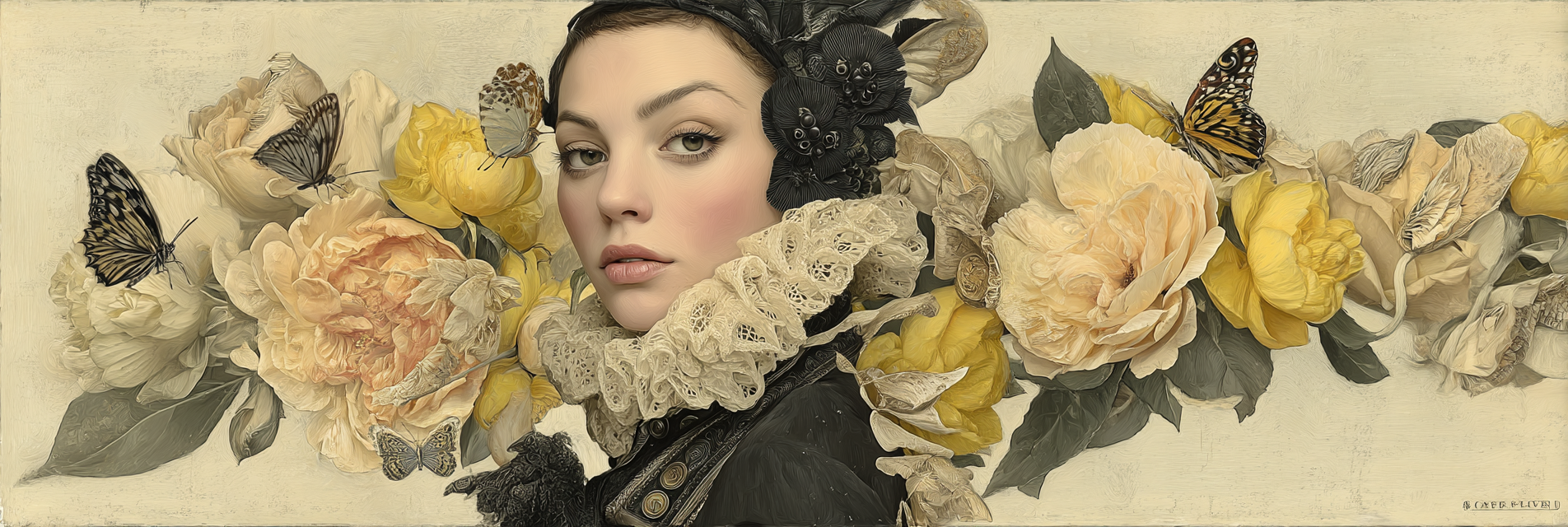Junge Frau Mit Rueschem Kragen Umgeben Von Pfingstrosen Und Schmetterlingen | Digital Art | Kunstgattungen