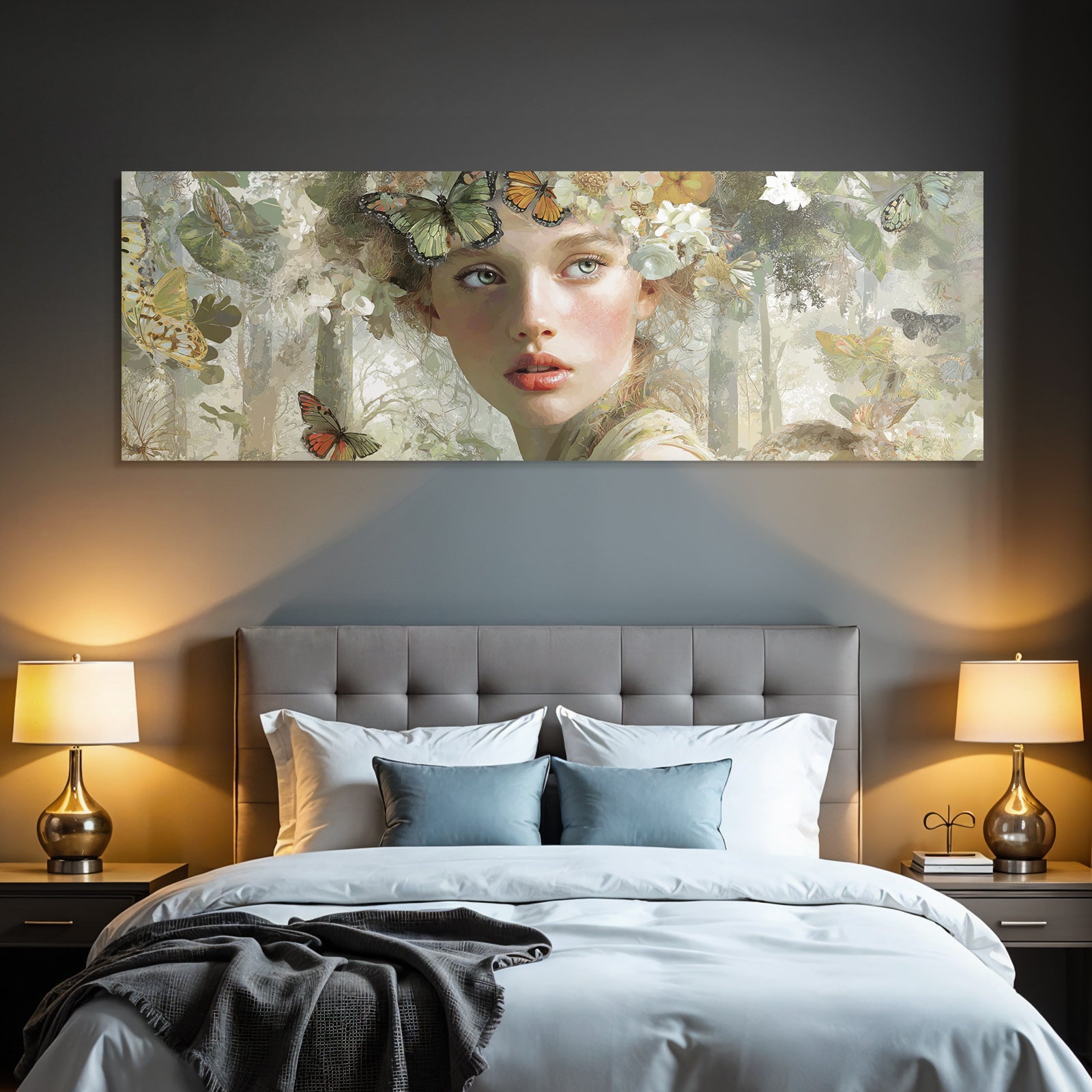 Junge Frau Mit Schmetterlingen Und Blumen In Der Natur
