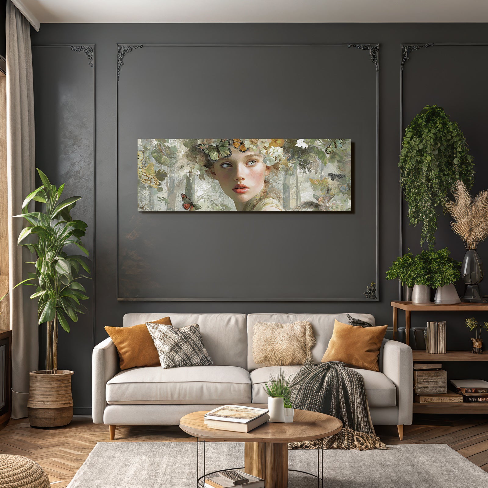 Junge Frau Mit Schmetterlingen Und Blumen In Der Natur