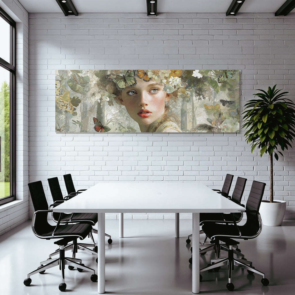 Junge Frau Mit Schmetterlingen Und Blumen In Der Natur