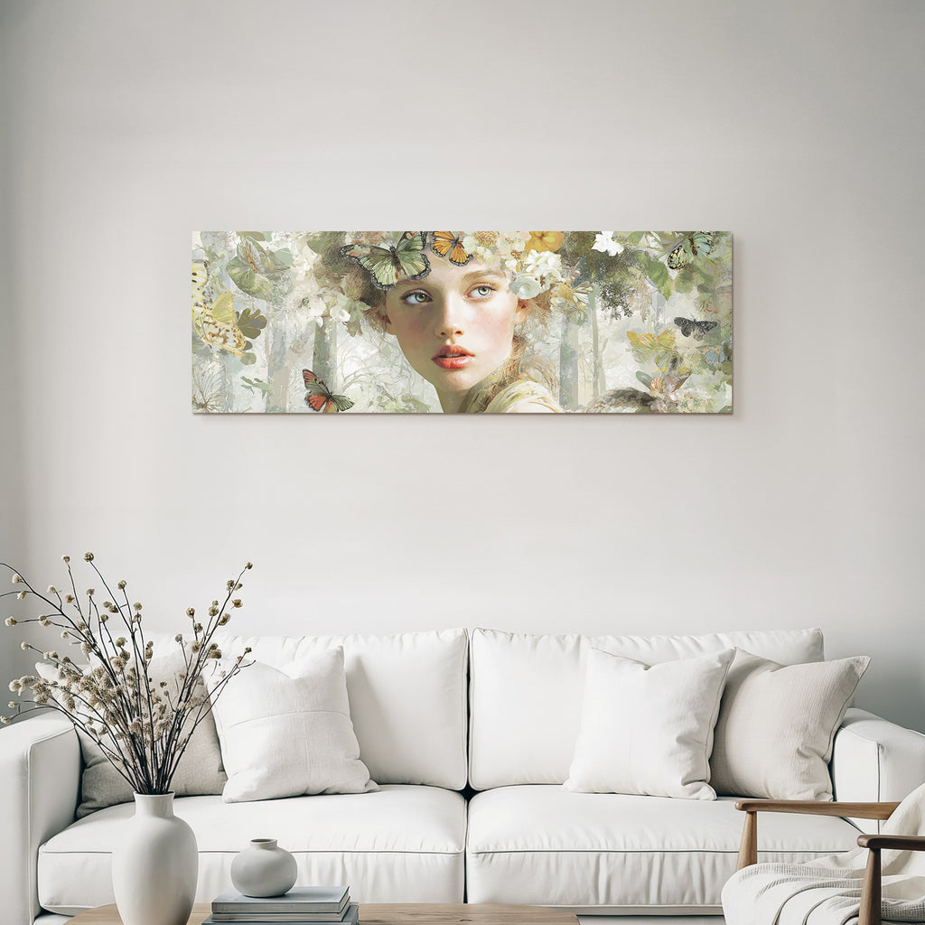 Junge Frau Mit Schmetterlingen Und Blumen In Der Natur