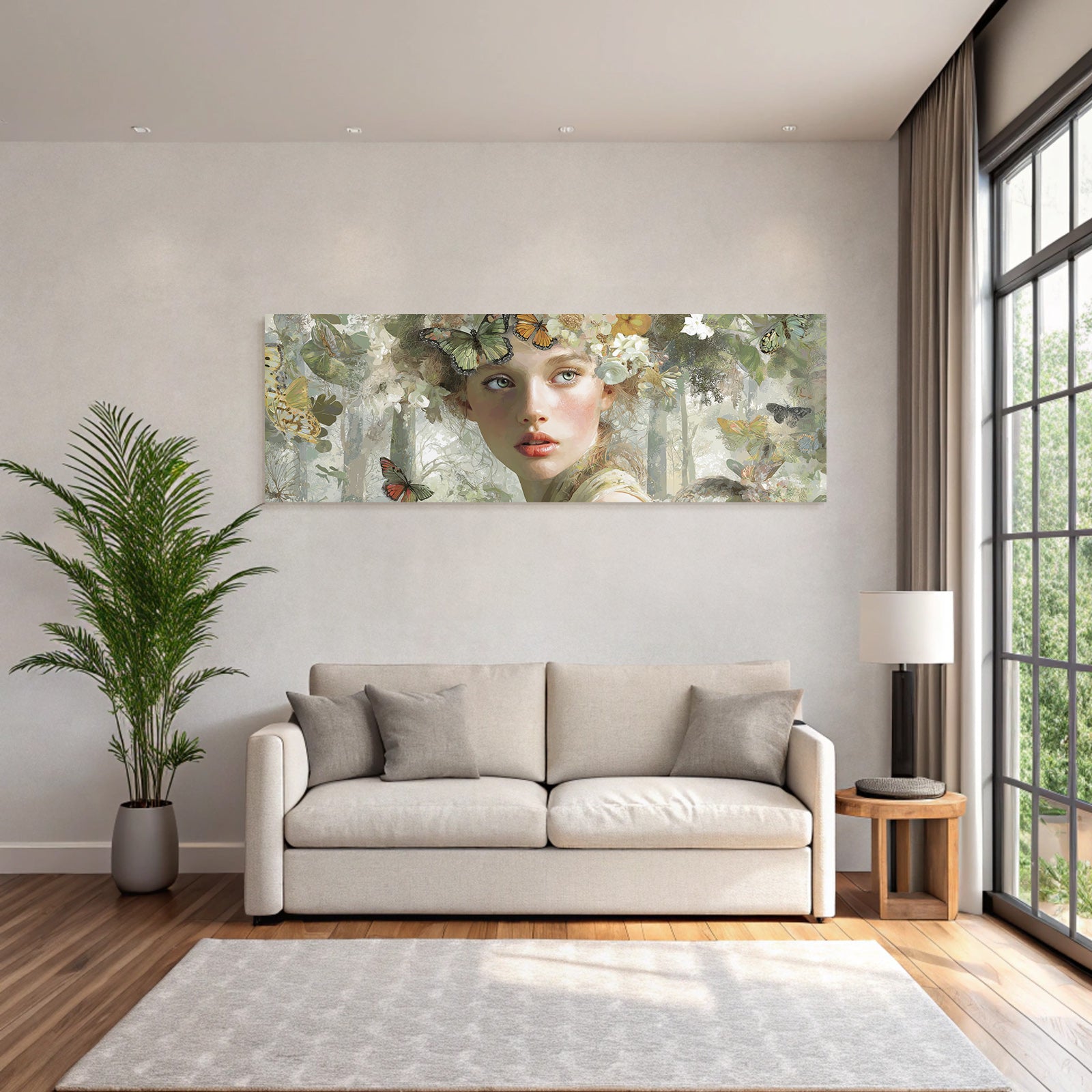 Junge Frau Mit Schmetterlingen Und Blumen In Der Natur