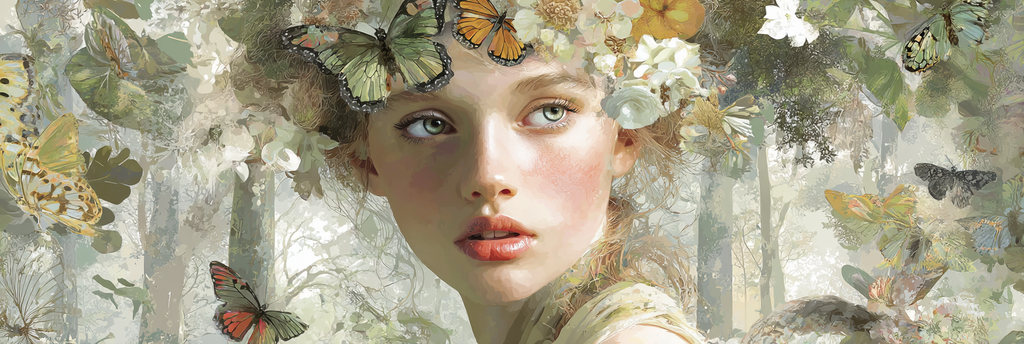 Junge Frau Mit Schmetterlingen Und Blumen In Der Natur | Digital Art | Kunstgattungen