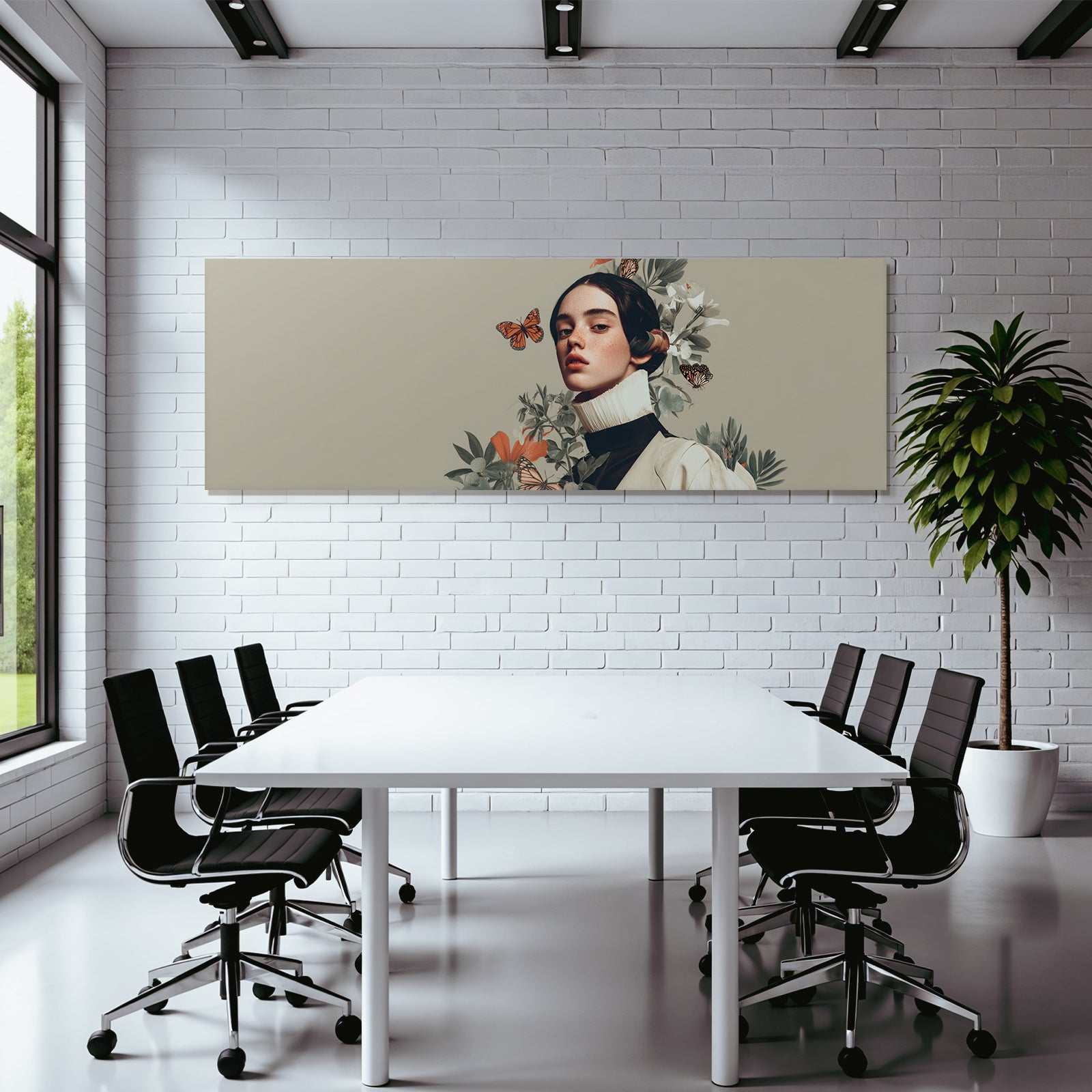 Junge Frau Umgeben Von Blumen Und Schmetterlingen Kunstvolle Darstellung