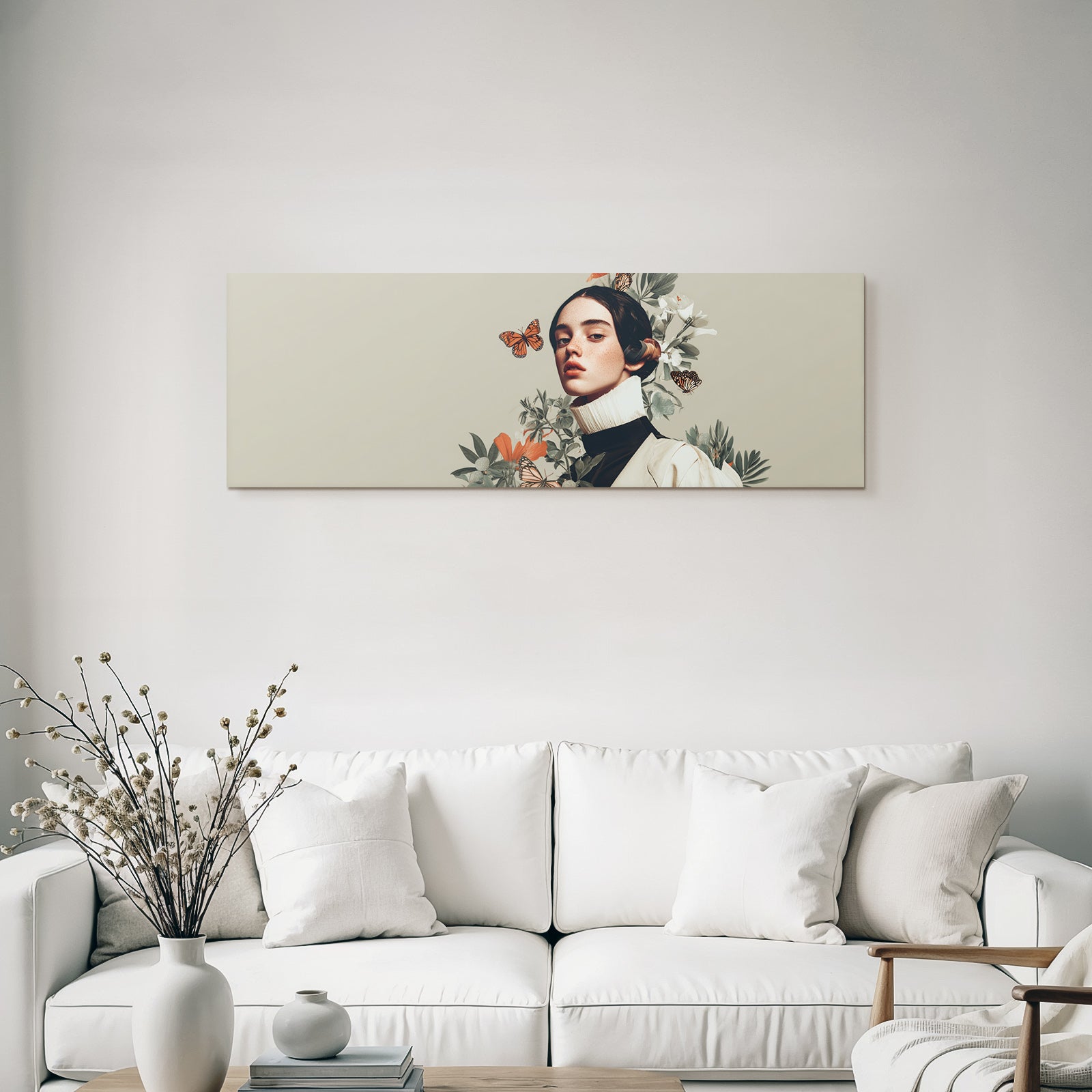 Junge Frau Umgeben Von Blumen Und Schmetterlingen Kunstvolle Darstellung