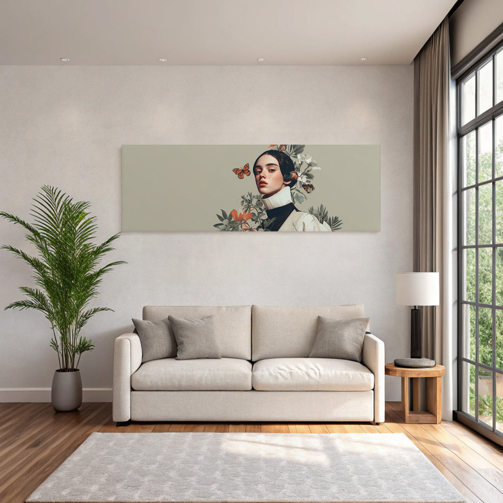 Junge Frau Umgeben Von Blumen Und Schmetterlingen Kunstvolle Darstellung