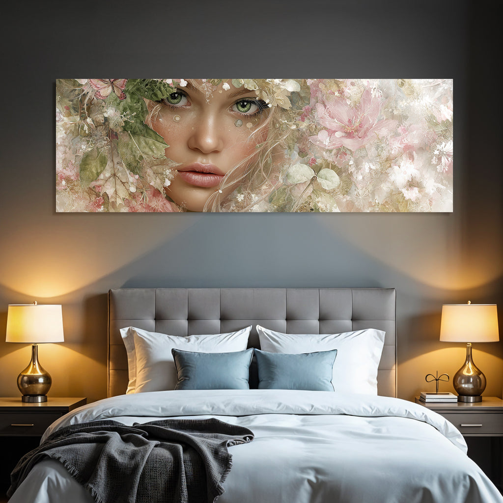 Junges Frauen Portrait Mit Blumen Hintergrund Und Gruenen Augen
