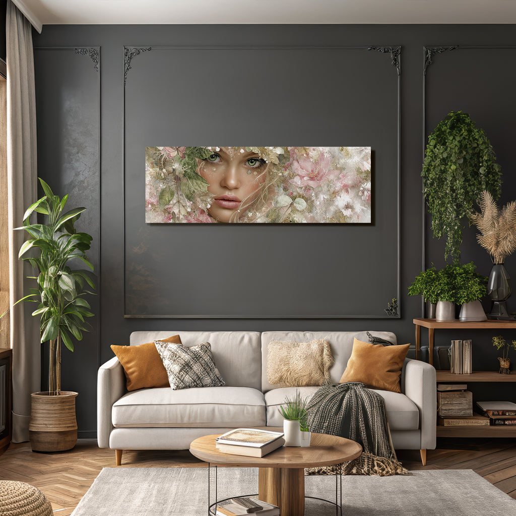 Junges Frauen Portrait Mit Blumen Hintergrund Und Gruenen Augen