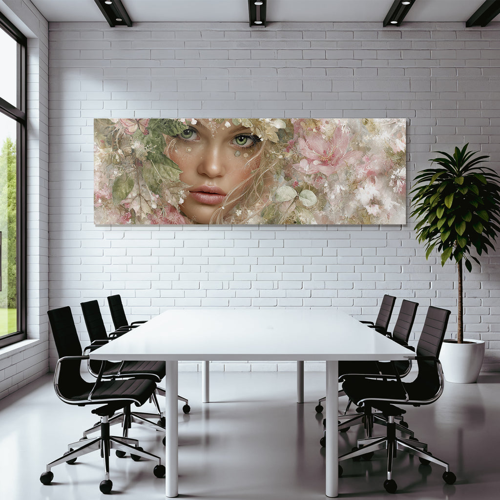 Junges Frauen Portrait Mit Blumen Hintergrund Und Gruenen Augen
