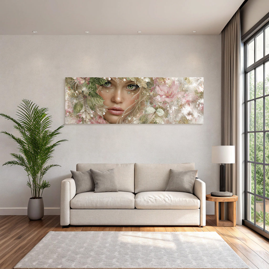 Junges Frauen Portrait Mit Blumen Hintergrund Und Gruenen Augen
