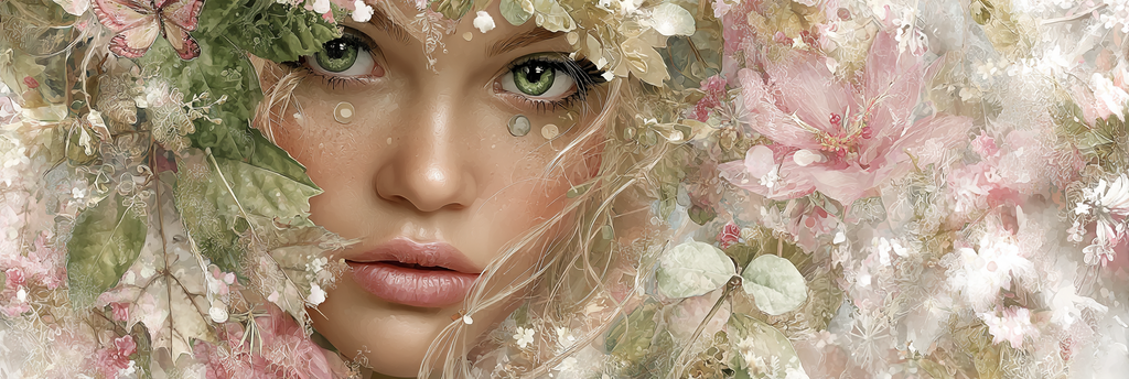 Junges Frauen Portrait Mit Blumen Hintergrund Und Gruenen Augen | Digital Art | Kunstgattungen