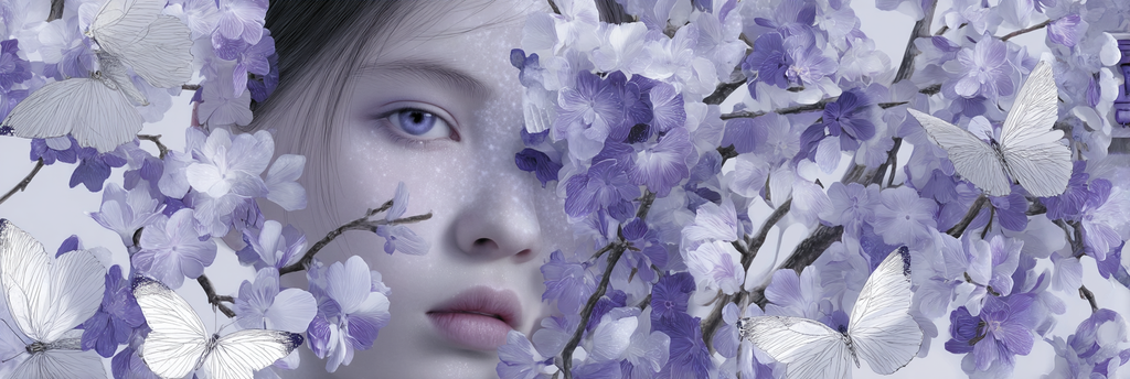 Kuenstlerische Darstellung Eines Gesichts Mit Lila Blumen Und Schmetterlingen | Digital Art | Kunstgattungen