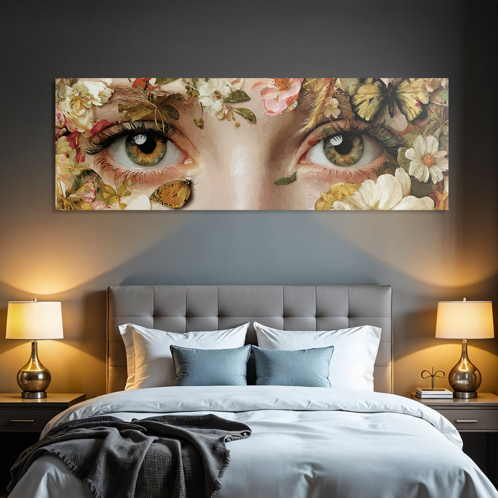 Nahaufnahme Von Augen Mit Blumen Und Einem Schmetterling