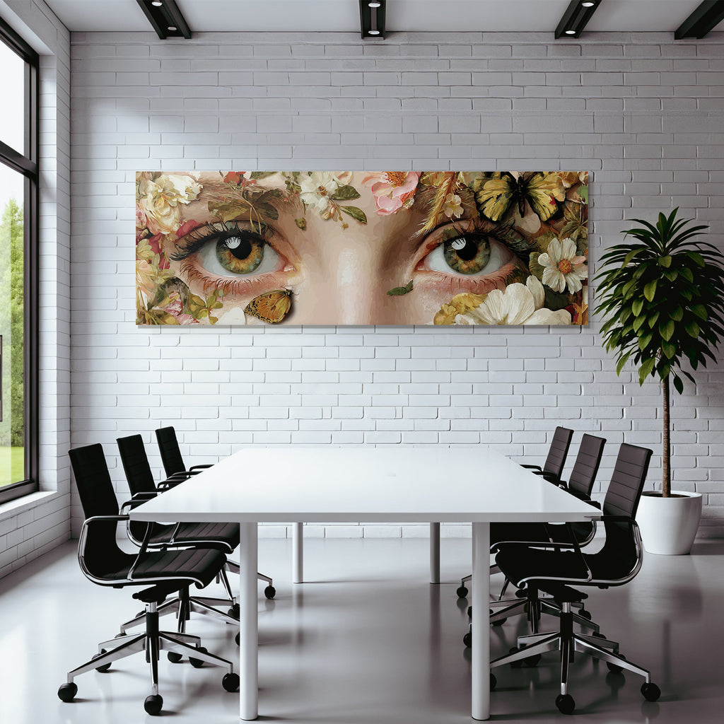 Nahaufnahme Von Augen Mit Blumen Und Einem Schmetterling