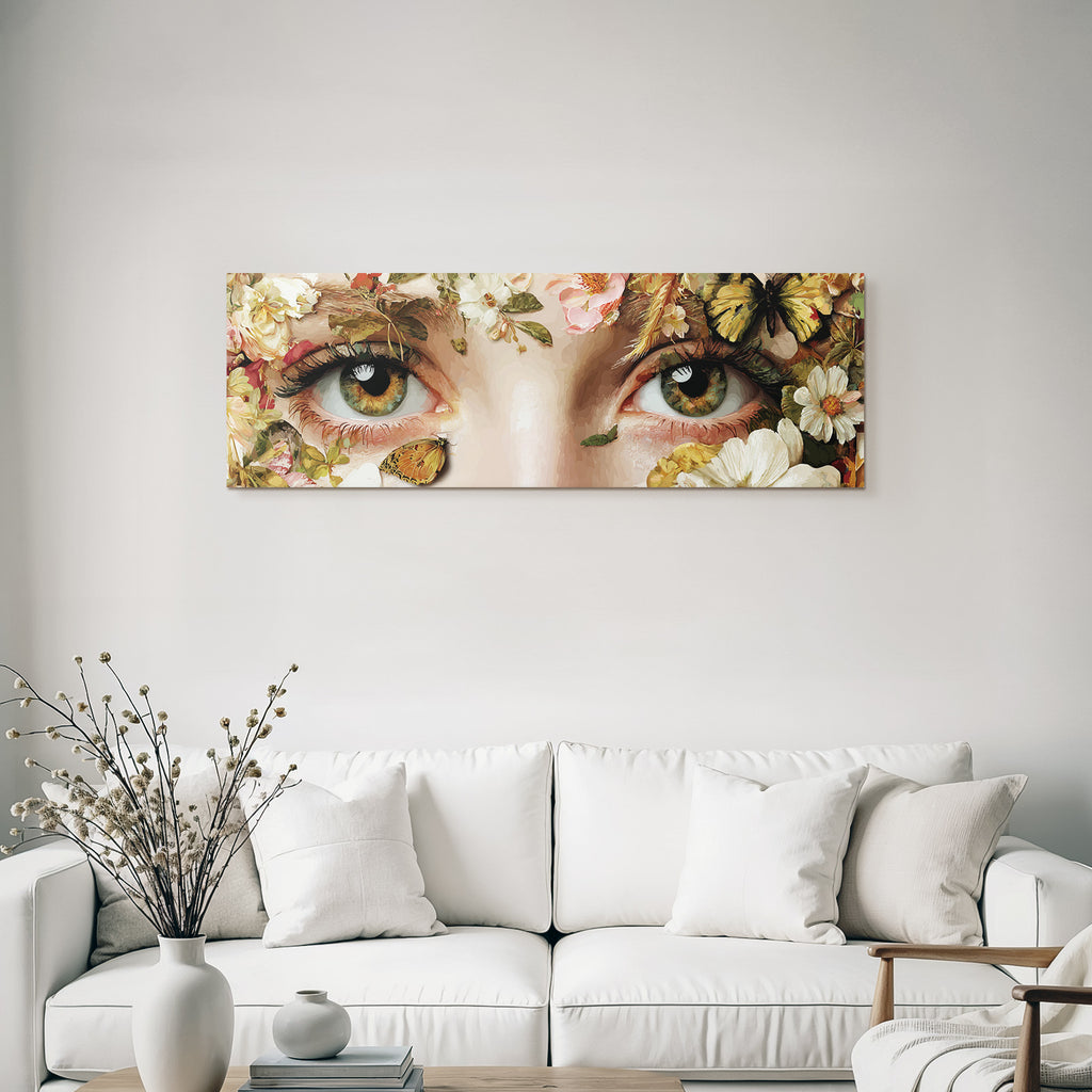 Nahaufnahme Von Augen Mit Blumen Und Einem Schmetterling