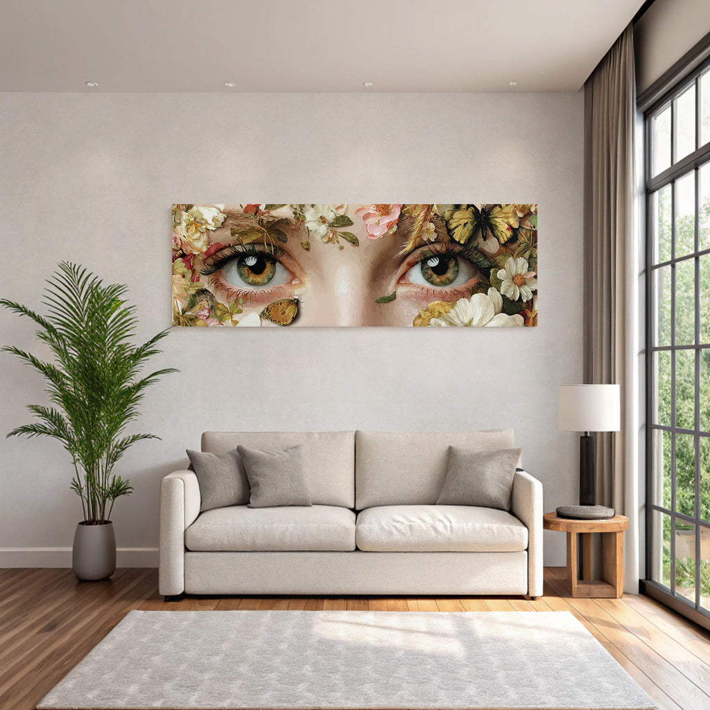 Nahaufnahme Von Augen Mit Blumen Und Einem Schmetterling