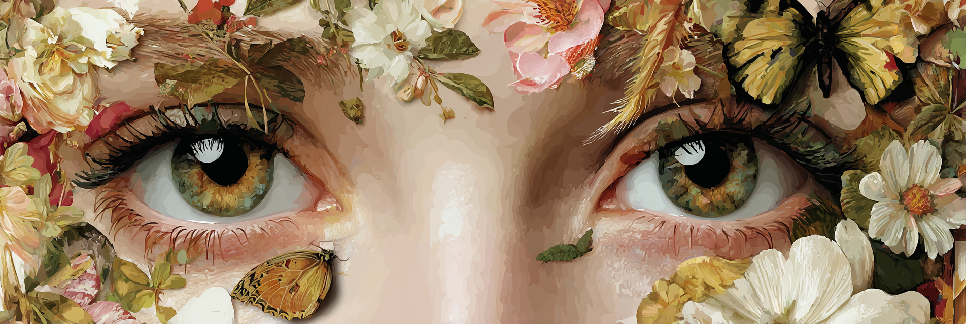 Nahaufnahme Von Augen Mit Blumen Und Einem Schmetterling | Digital Art | Kunstgattungen