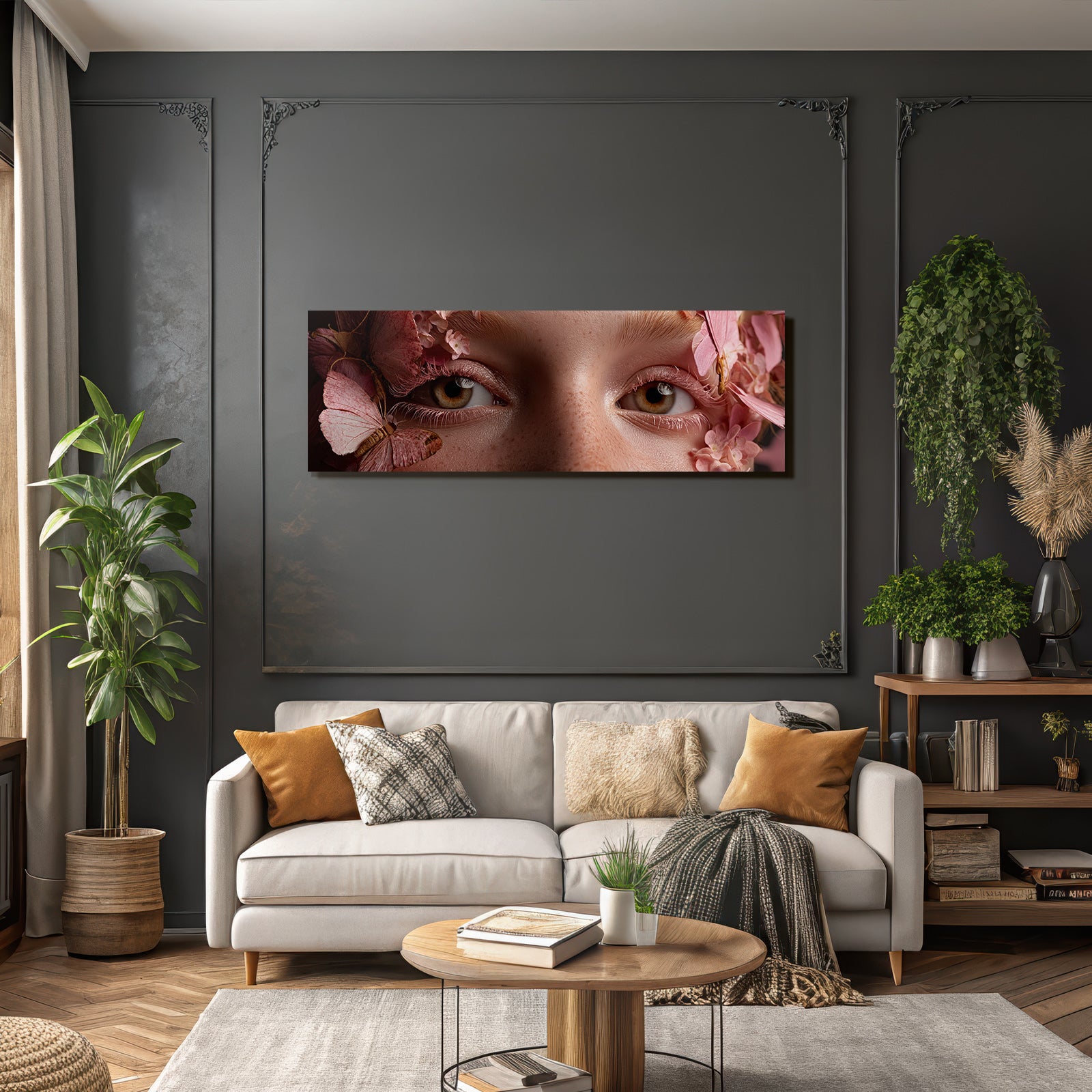 Naheaufnahme Des Gesichts Mit Blumen Und Schmetterlingen