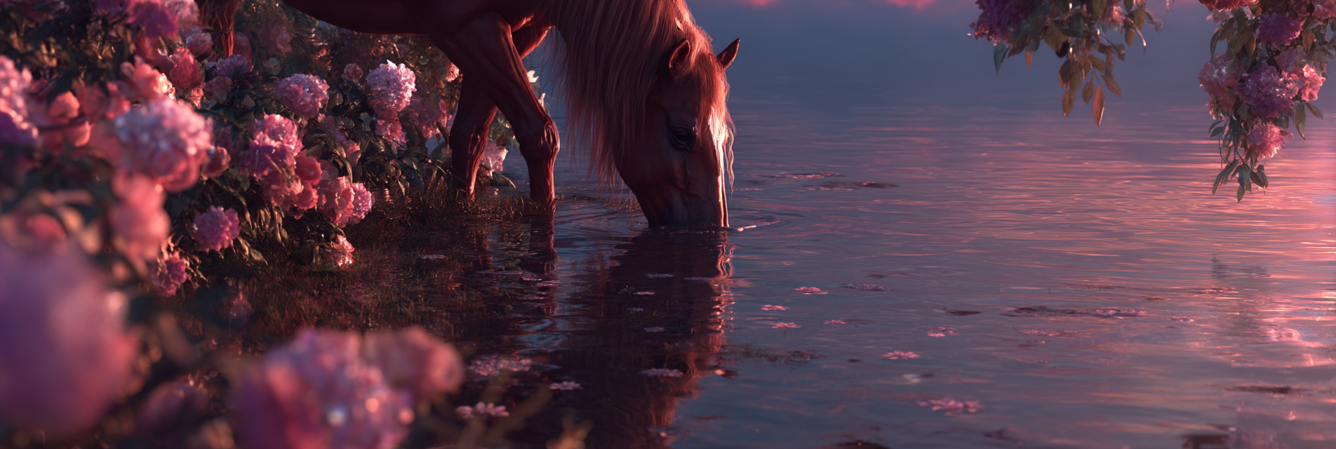 Pferd Trinkt Wasser Umgeben Von Rosa Blumen Daemmerung Atmosphaere | Digital Art | Kunstgattungen