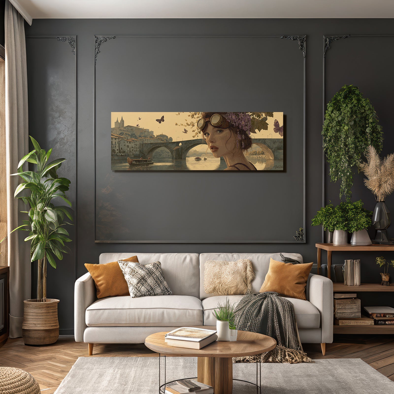 Ruhige Kunstszene Junge Frau Mit Brille Und Blumen Am Fluss