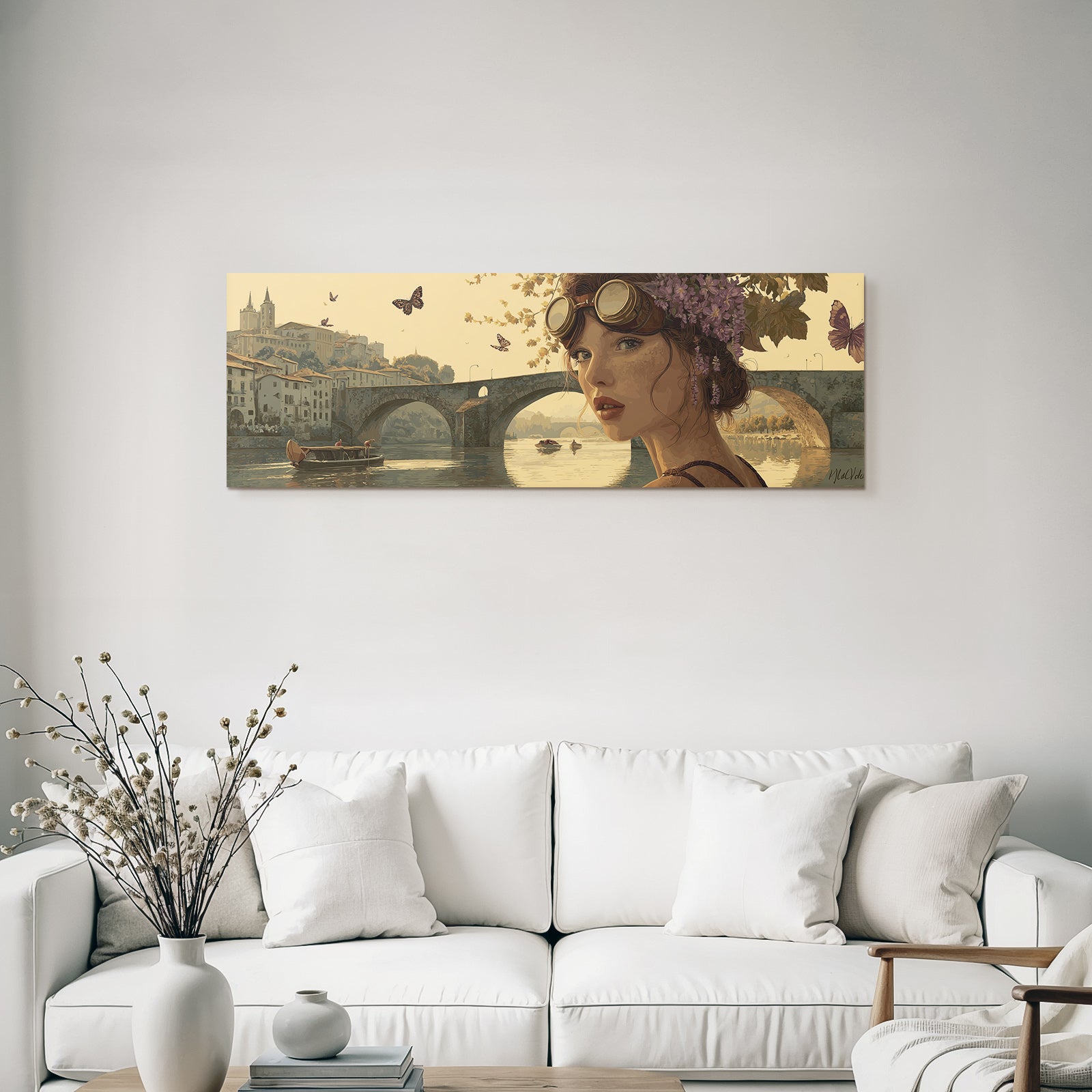 Ruhige Kunstszene Junge Frau Mit Brille Und Blumen Am Fluss