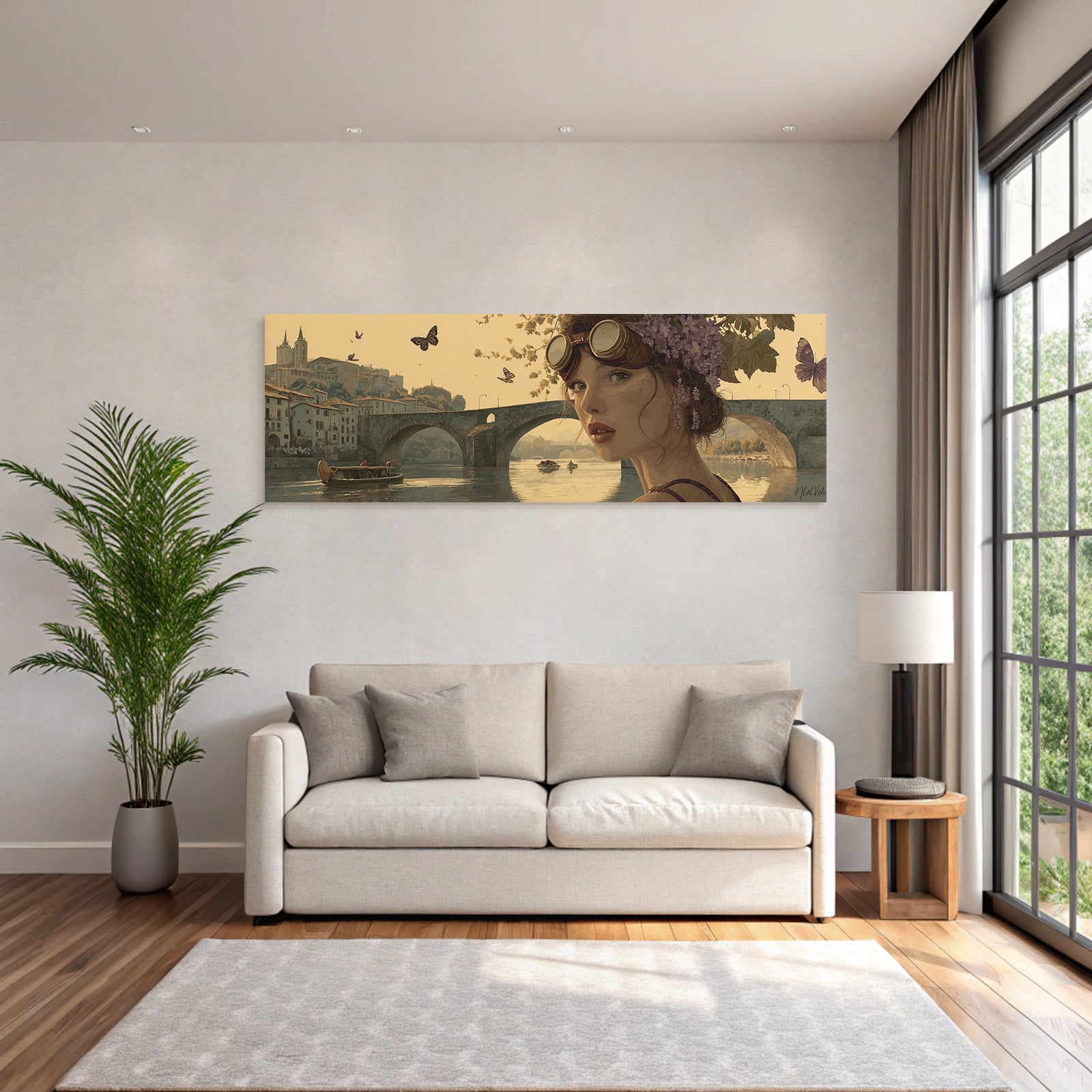 Ruhige Kunstszene Junge Frau Mit Brille Und Blumen Am Fluss