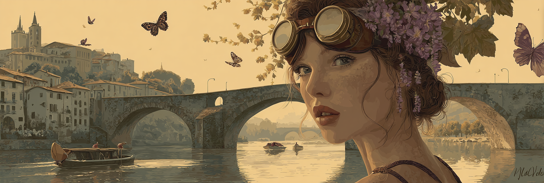 Ruhige Kunstszene Junge Frau Mit Brille Und Blumen Am Fluss | Digital Art | Kunstgattungen