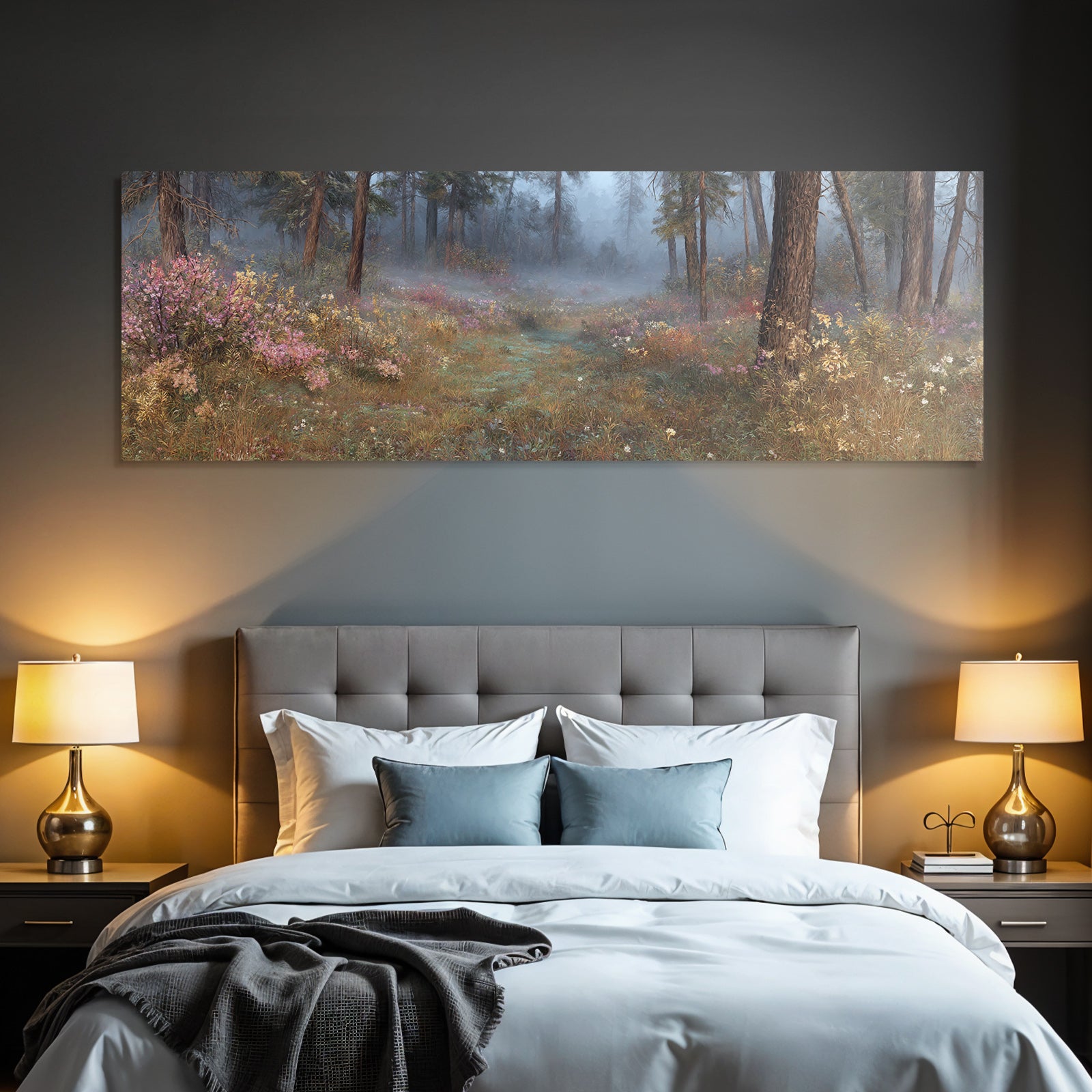 Ruhiger Wald Mit Bunten Blumen Im Nebel
