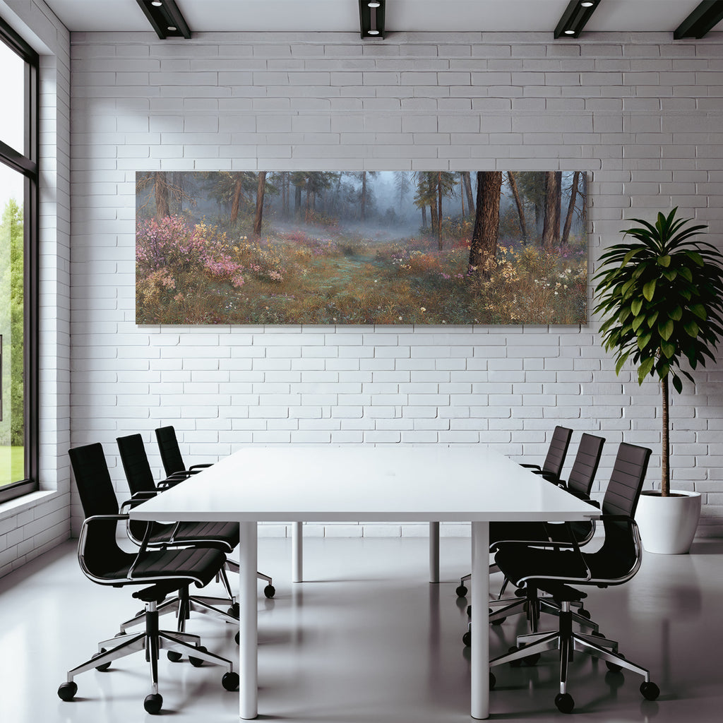 Ruhiger Wald Mit Bunten Blumen Im Nebel