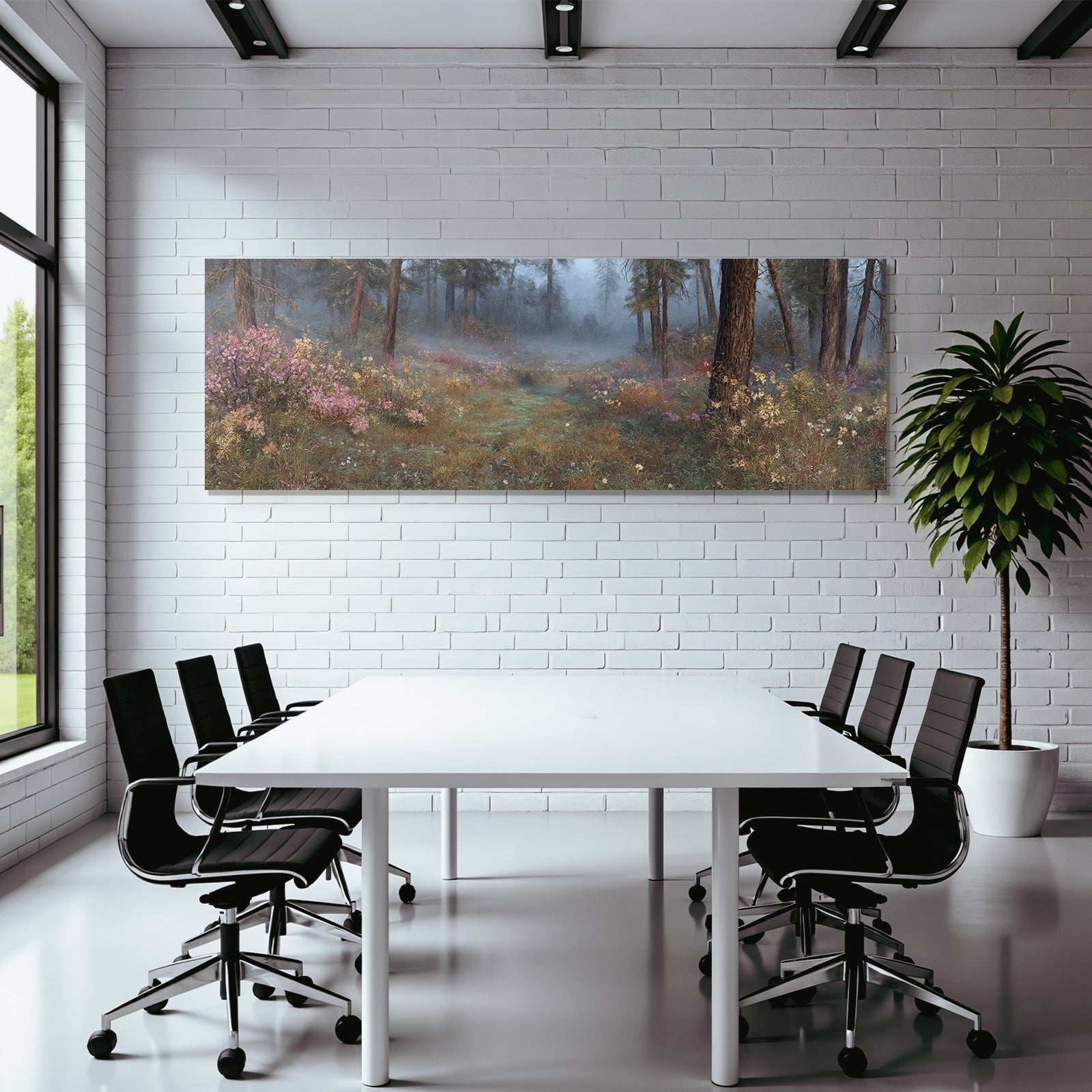 Ruhiger Wald Mit Bunten Blumen Im Nebel
