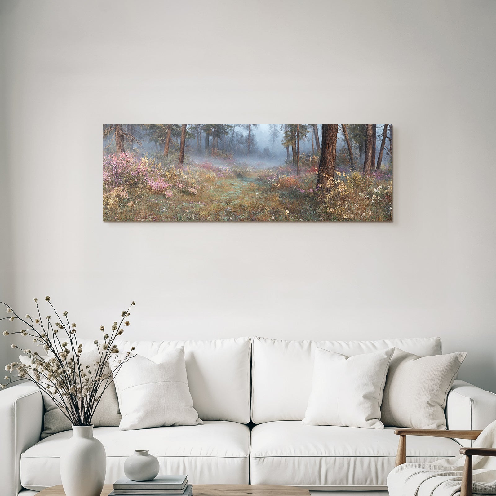 Ruhiger Wald Mit Bunten Blumen Im Nebel