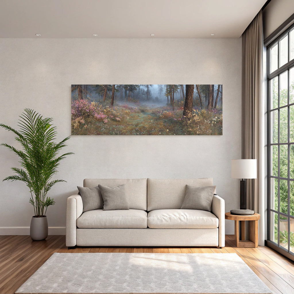 Ruhiger Wald Mit Bunten Blumen Im Nebel