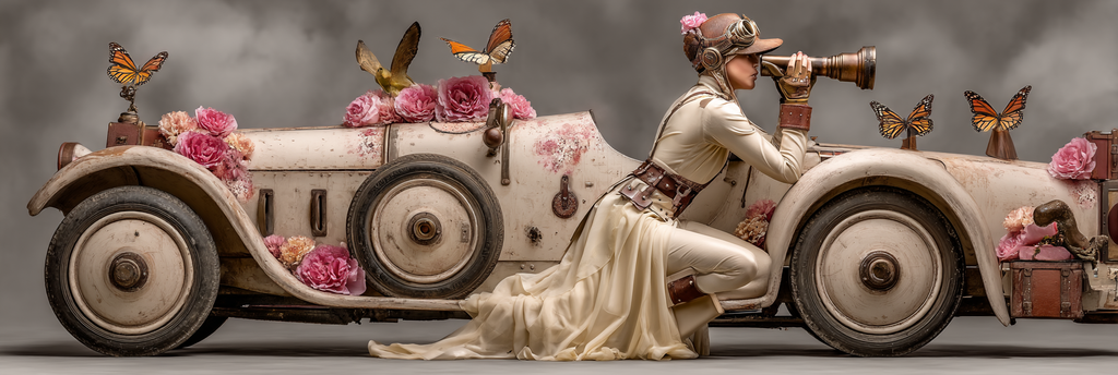 Steampunk Aviator Mit Teleskop Vintage Auto Blumen Butterflies | Digital Art | Kunstgattungen