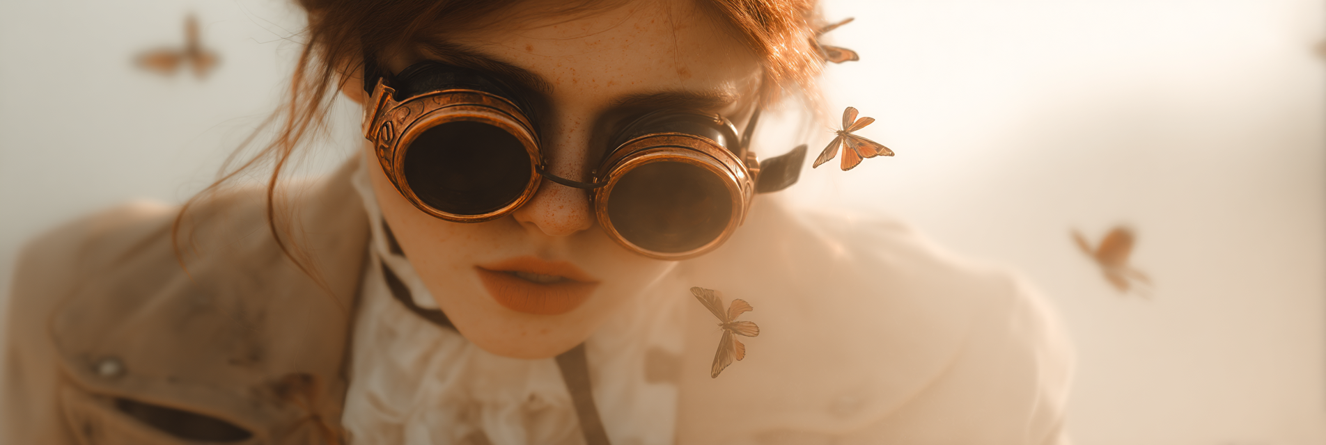 Steampunk Person Mit Goggles Mit Faltern Im Hintergrund | Digital Art | Kunstgattungen