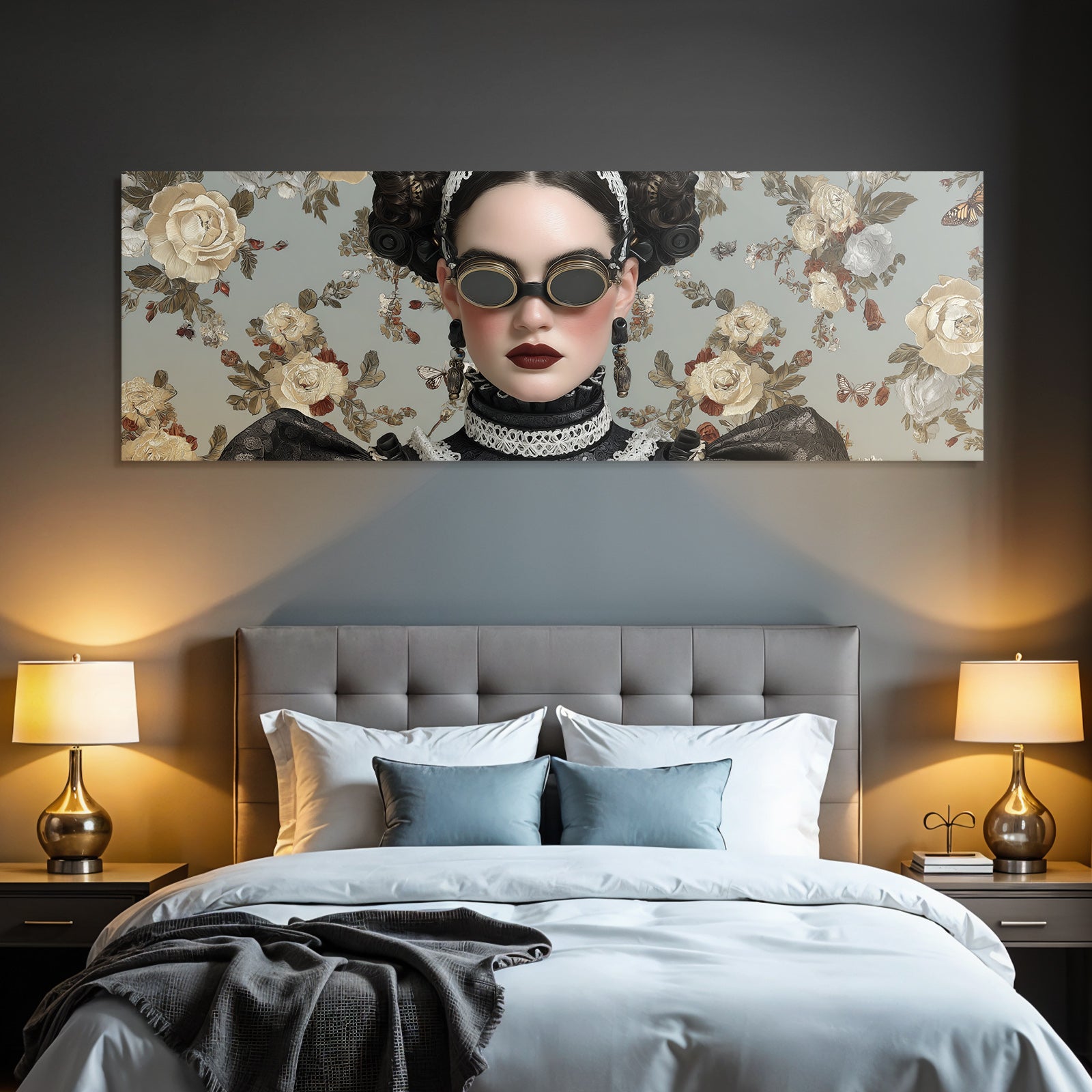 Stylisierte Portraet Einer Frau Im Vintage Steampunk Stil Mit Blumen Hintergrund