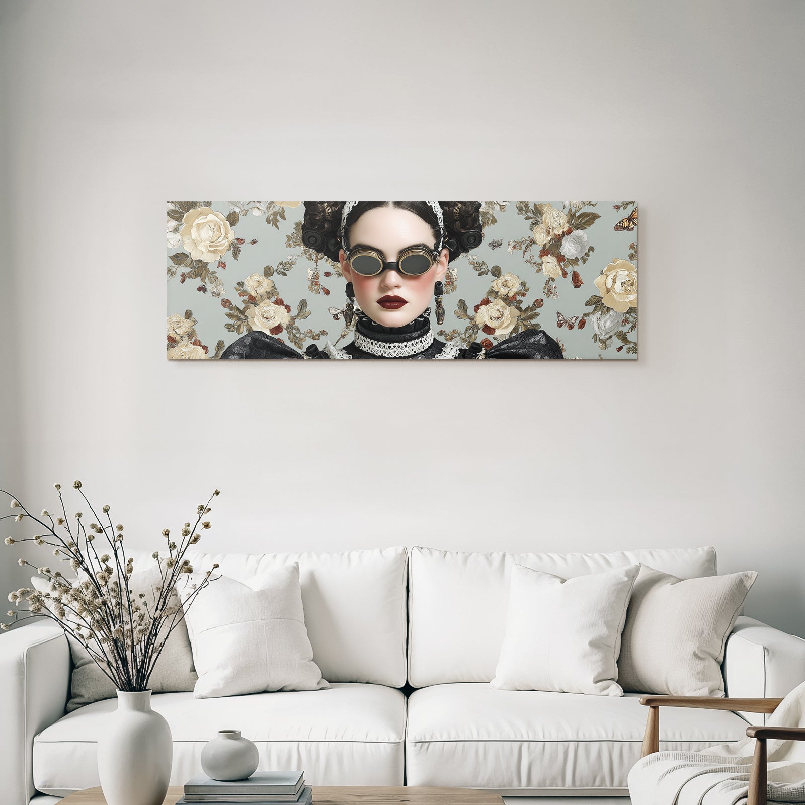 Stylisierte Portraet Einer Frau Im Vintage Steampunk Stil Mit Blumen Hintergrund