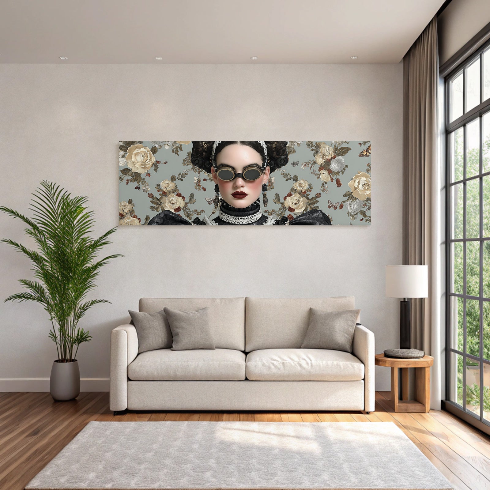 Stylisierte Portraet Einer Frau Im Vintage Steampunk Stil Mit Blumen Hintergrund